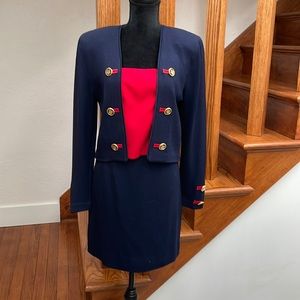 Vintage St. John by Marie Gray Knit Skirt Suit, Navy & Red, Sz 8